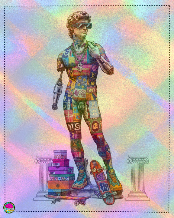 Holographic David Statue Pop Art Print - Rainbow Iridescent Street Art Collage