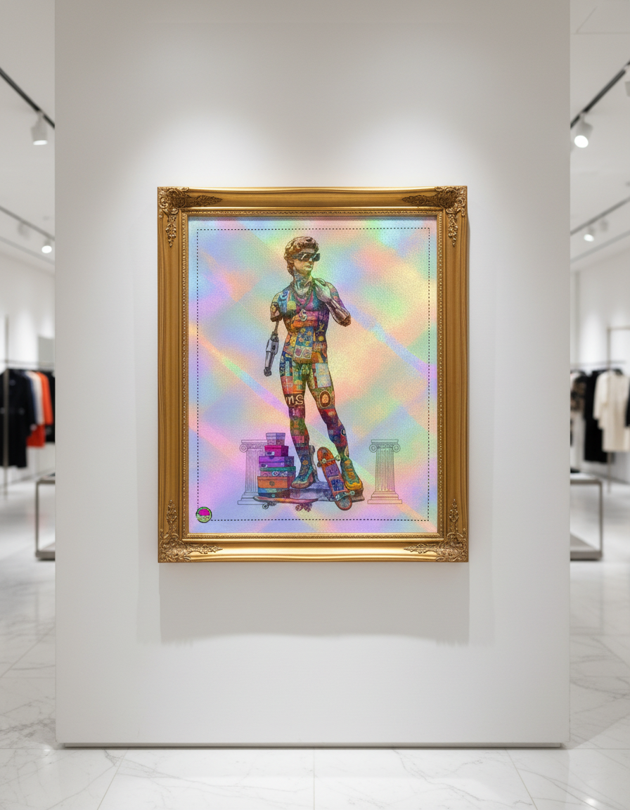 Holographic David Statue Pop Art Print - Rainbow Iridescent Street Art Collage