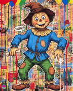 Scarecrow character from 'The Wizard of Oz' with a colorful, collage-like background.