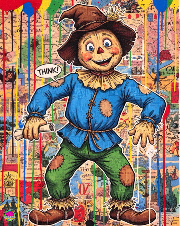 Scarecrow character from 'The Wizard of Oz' with a colorful, collage-like background.