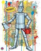 Illustration of a tin man holding an axe and a watering can on a colorful map background.