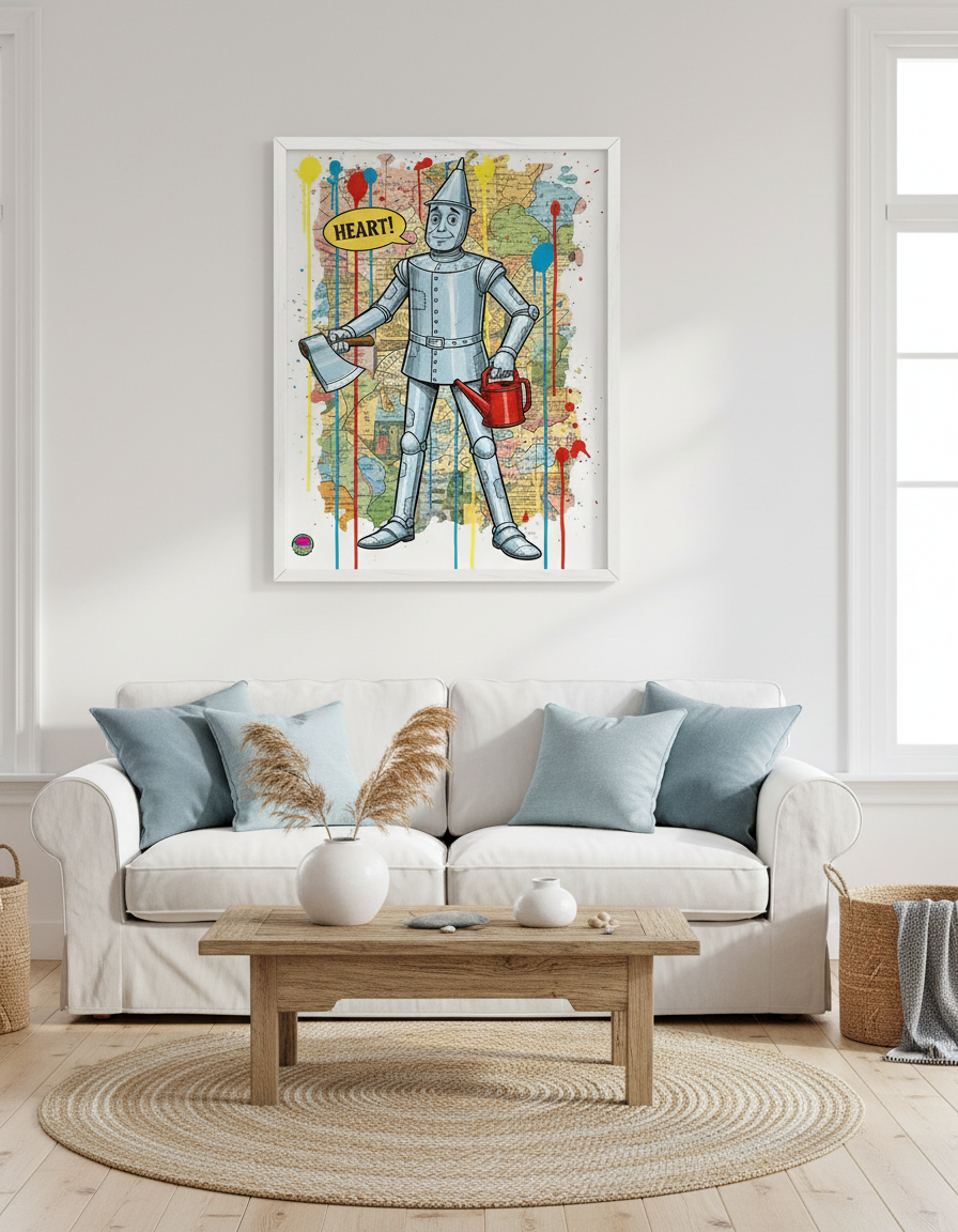 Framed artwork of a tin man in a living room with a sofa and coffee table.