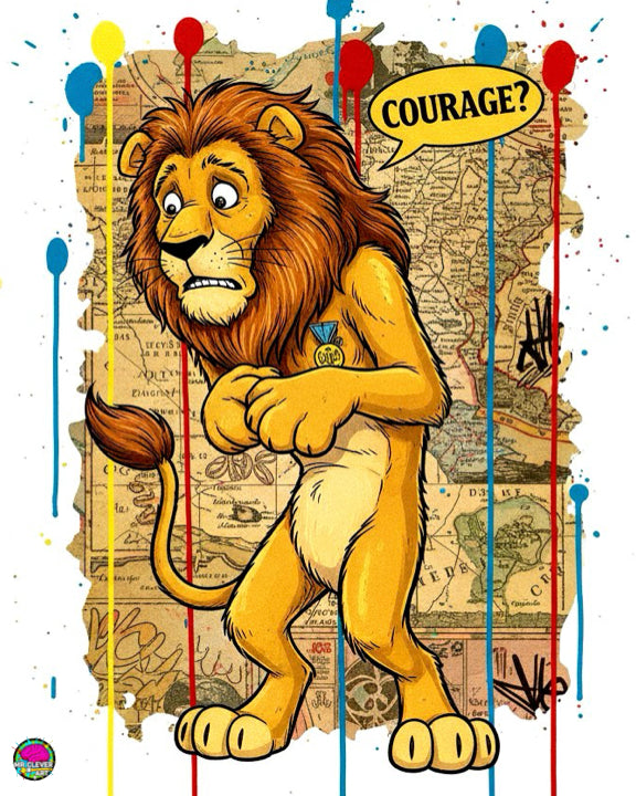 Cartoon lion with a speech bubble saying 'Courage?' on a colorful and textured background.