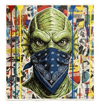 Street Art Alien Bandana Collage Gouache Painting on 70 Year Old French Paper