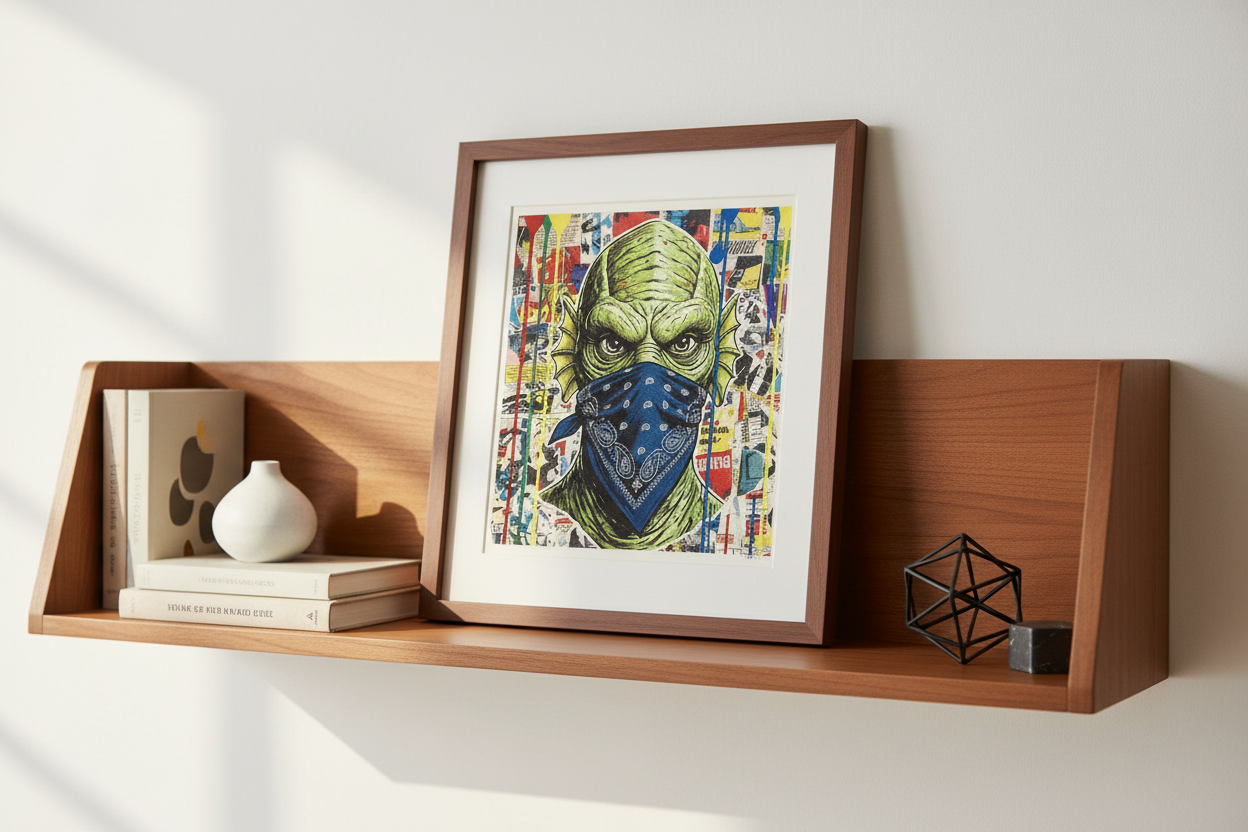 Street Art Alien Bandana Collage Gouache Painting on 70 Year Old French Paper