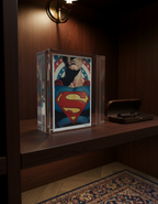 Superman logo in a clear glass block on a wooden shelf