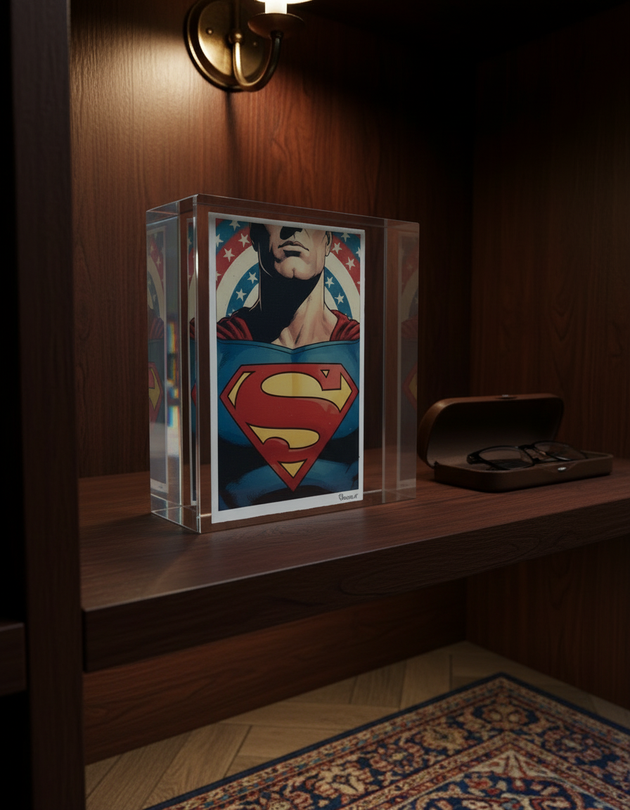 Superman logo in a clear glass block on a wooden shelf