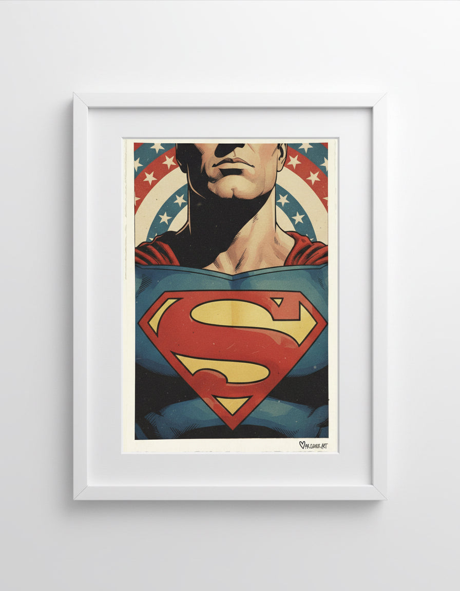 Superman poster with iconic logo on a glass surface