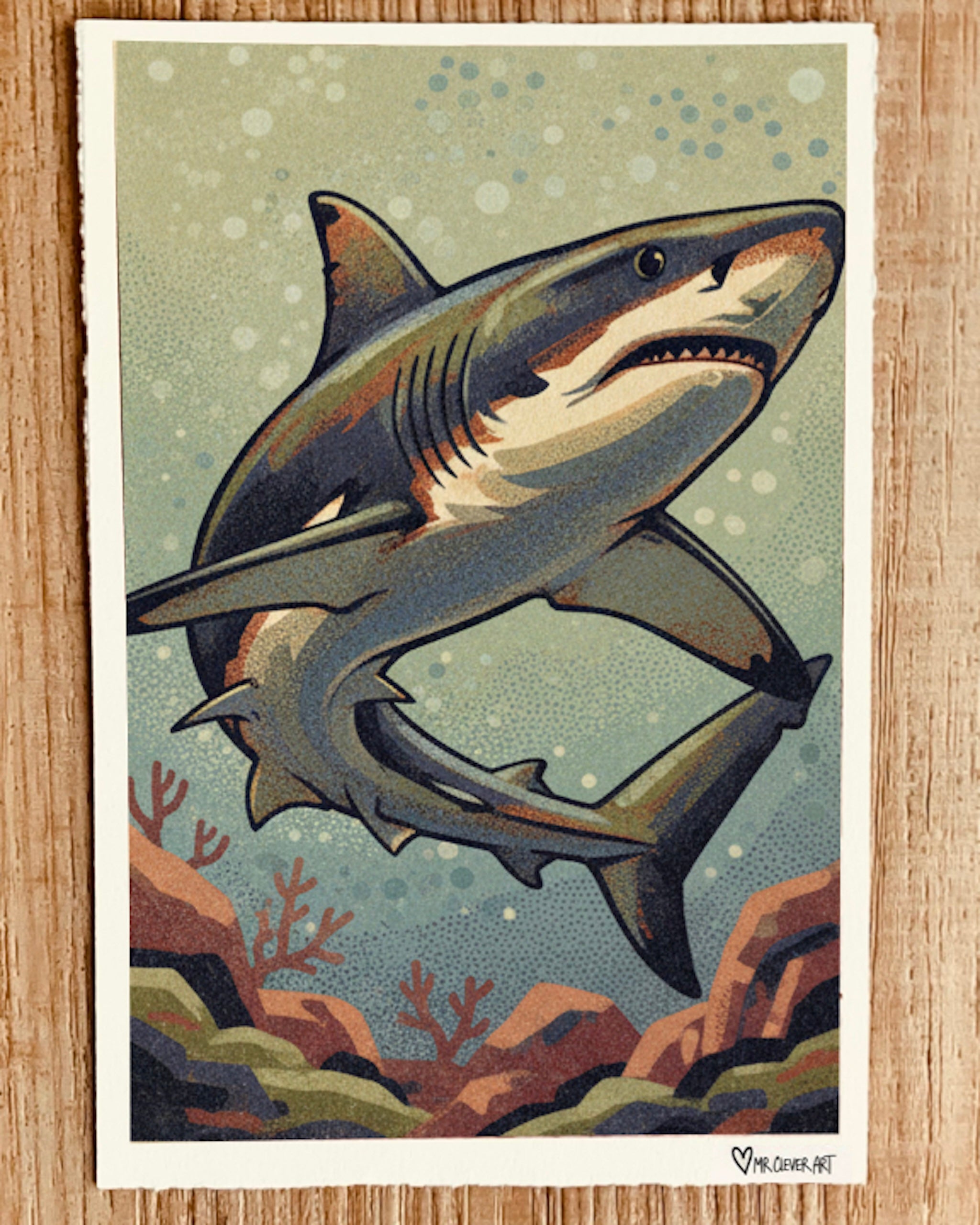 Illustration of a shark in an underwater scene on a wooden surface