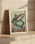 Illustration of a shark in an underwater scene on a wooden surface