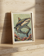 Illustration of a shark in an underwater scene on a wooden surface