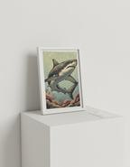 Framed artwork of a shark on a white surface with a light gray background