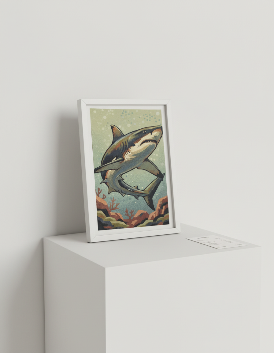 Framed artwork of a shark on a white surface with a light gray background