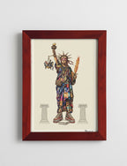 Colorful illustration of a stylized Statue of Liberty on a beige background