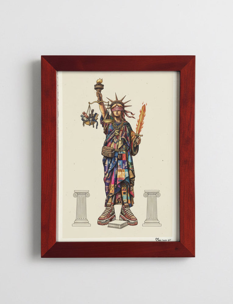 Colorful illustration of a stylized Statue of Liberty on a beige background