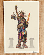 Colorful illustration of a stylized Statue of Liberty on a beige background