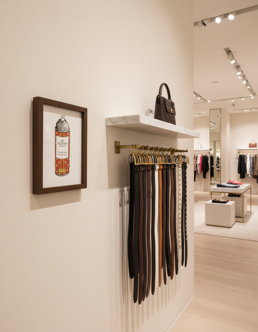 Belt rack with belts in a store setting, framed artwork on the wall.