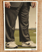 Donald Trump Golfing scene with a person's legs in pants and white Nike shoes on a golf course artwork by Mr. Clever Art.
