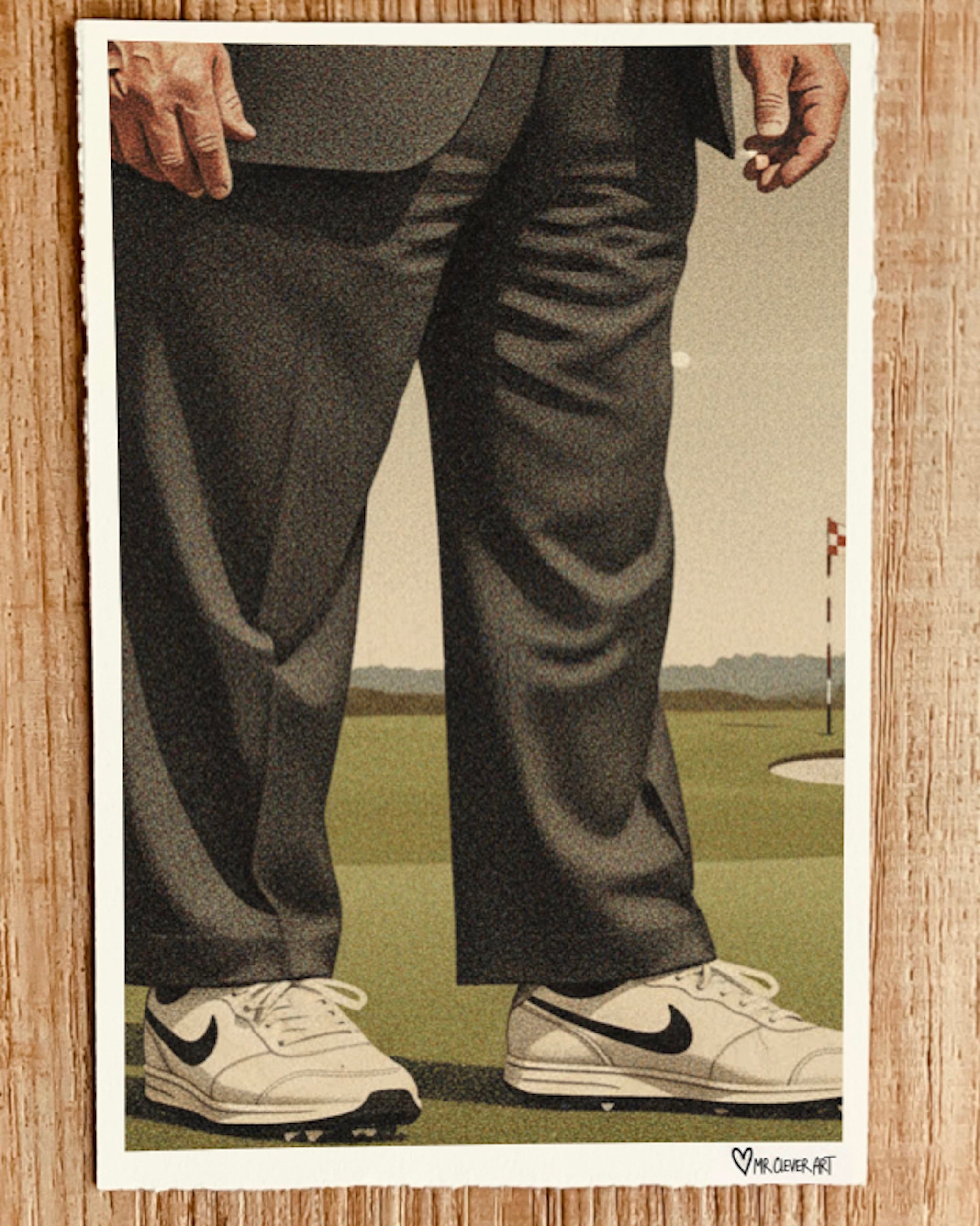 Donald Trump Golfing scene with a person's legs in pants and white Nike shoes on a golf course artwork by Mr. Clever Art.