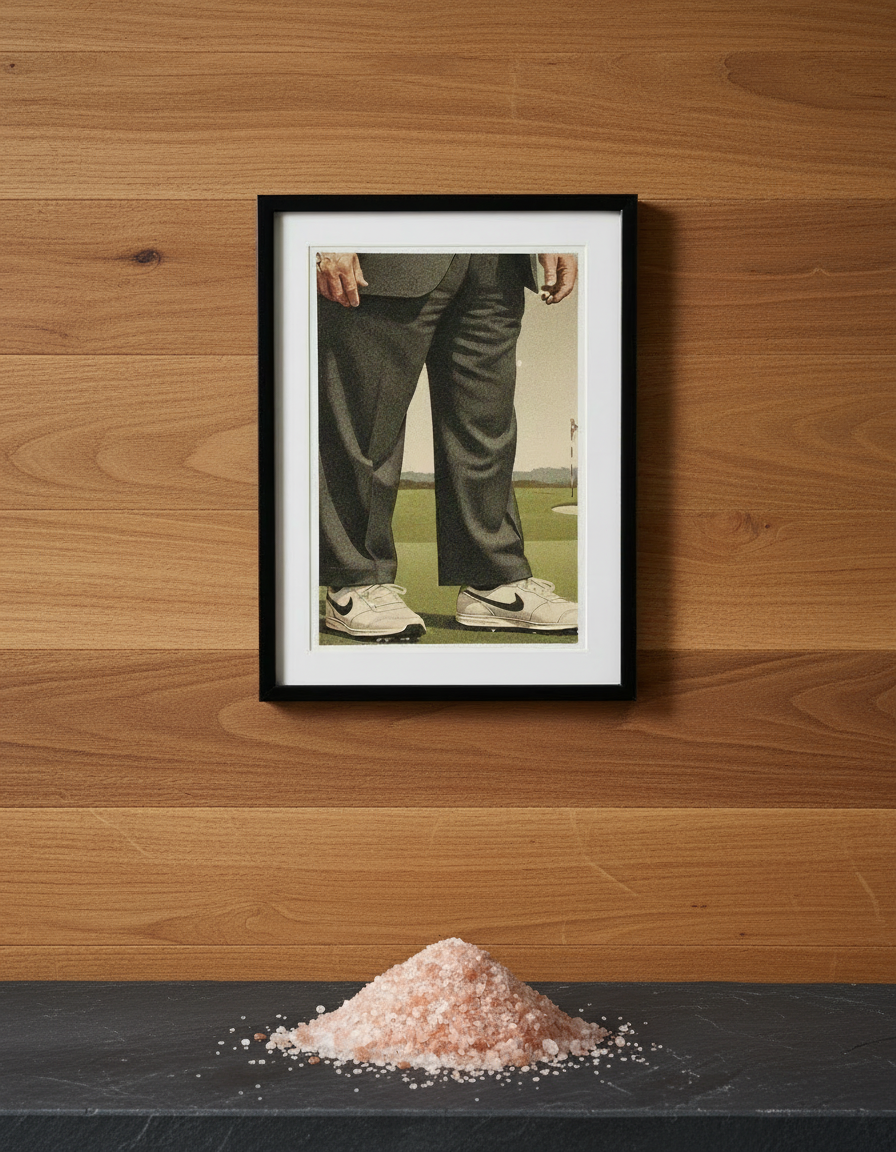 Framed artwork of a person's legs in pants and shoes on a black wall with pink salt in front.