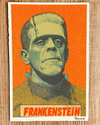 Vintage-style poster of Frankenstein with an orange background. Artwork by Mr. Clever Art.