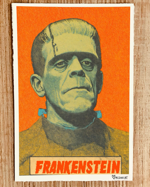 Vintage-style poster of Frankenstein with an orange background. Artwork by Mr. Clever Art.