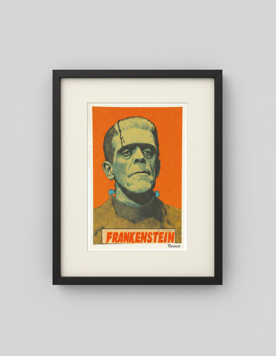 Vintage-style poster of Frankenstein with an orange background. Artwork by Mr. Clever Art.