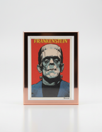 Illustration of Frankenstein's monster on a red background with 'Frankenstein' text at the top.
