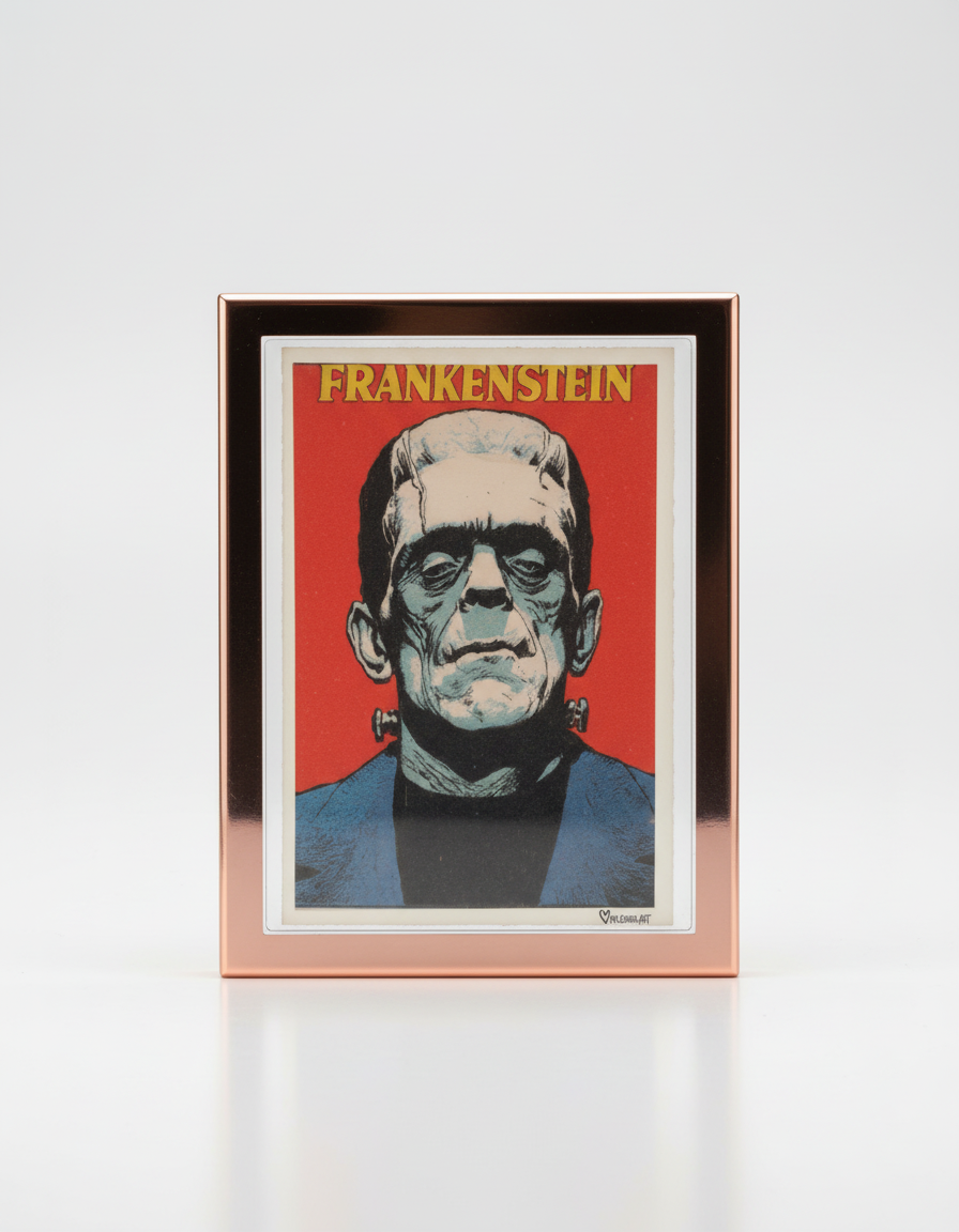 Illustration of Frankenstein's monster on a red background with 'Frankenstein' text at the top.