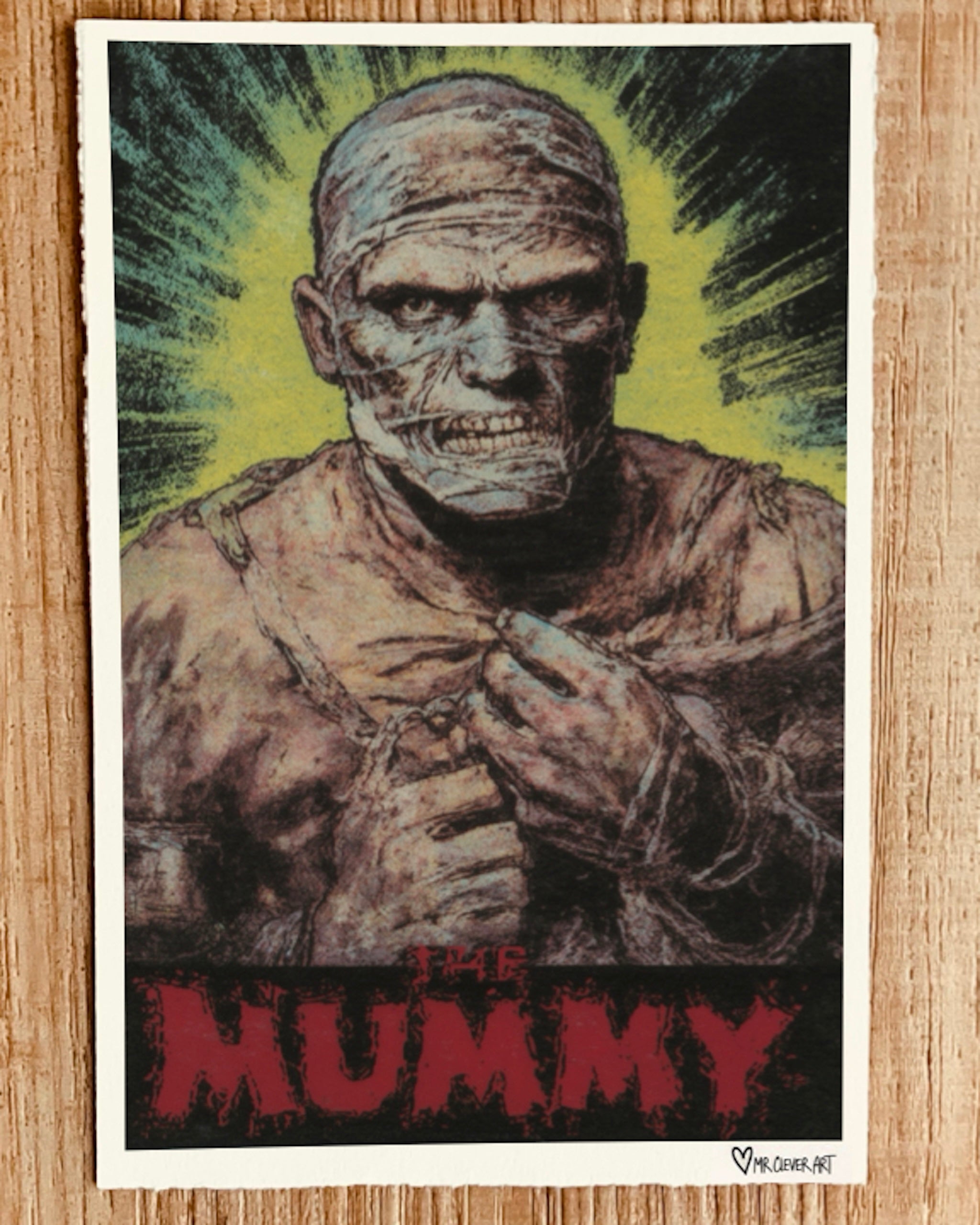 Illustration of a mummy with a dramatic background on a wooden surface