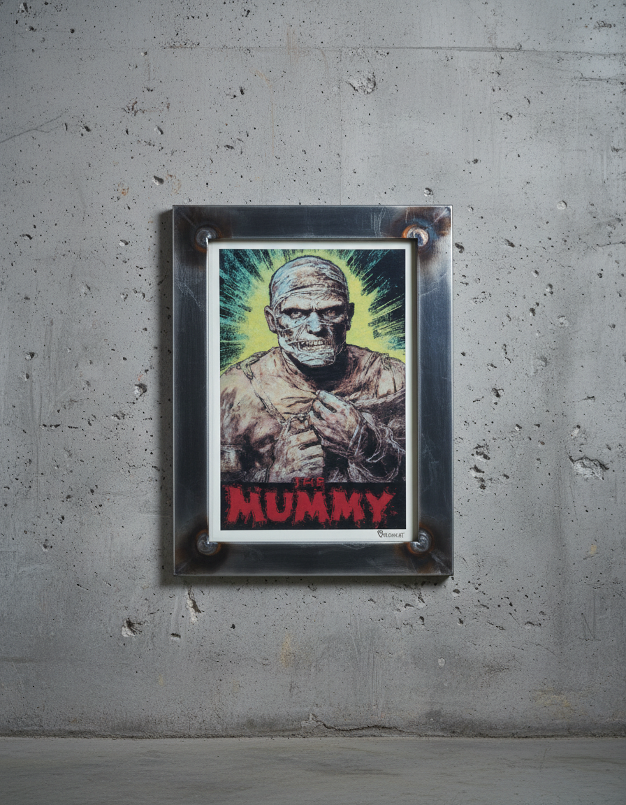 Framed poster of 'The Mummy' character on a gray wall.