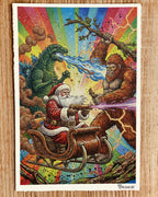 Colorful illustration of Santa Claus with a dragon and Bigfoot on a rainbow background