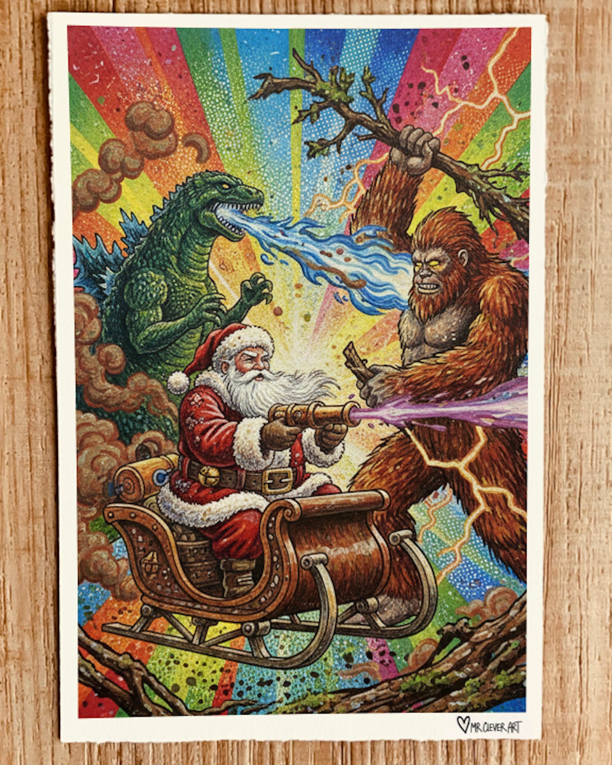 Colorful illustration of Santa Claus with a dragon and Bigfoot on a rainbow background