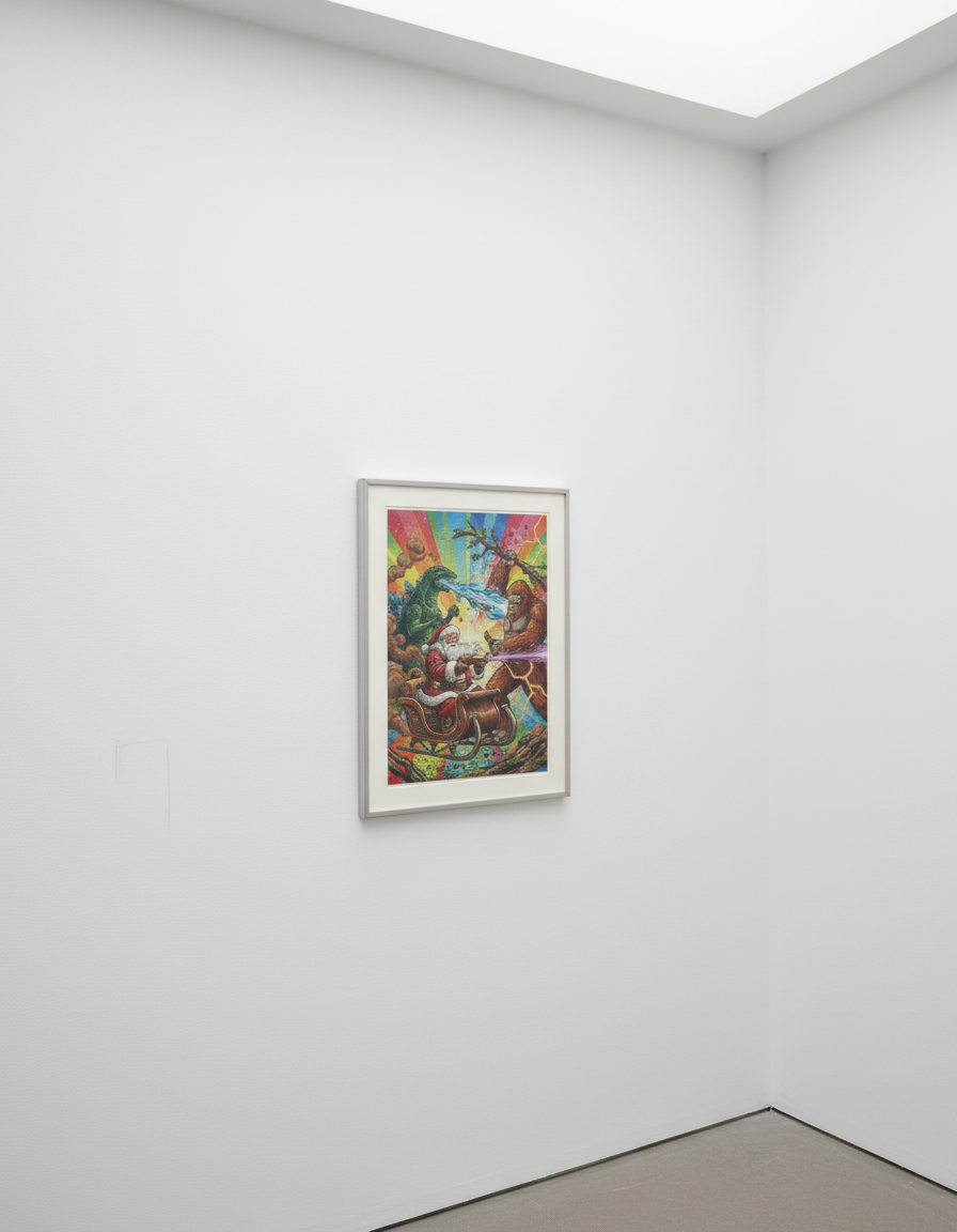 Santa vs Kaiju vs Bigfoot Pop Art Print on 70 Year Old French Paper