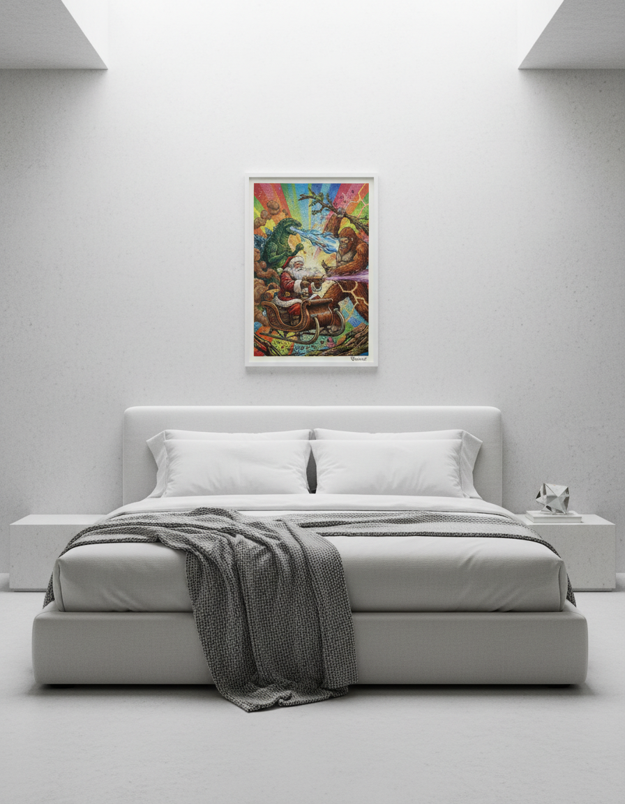 Modern bedroom with a bed and colorful abstract painting on the wall.