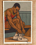 Illustration of a man tying his shoes on a wooden floor.