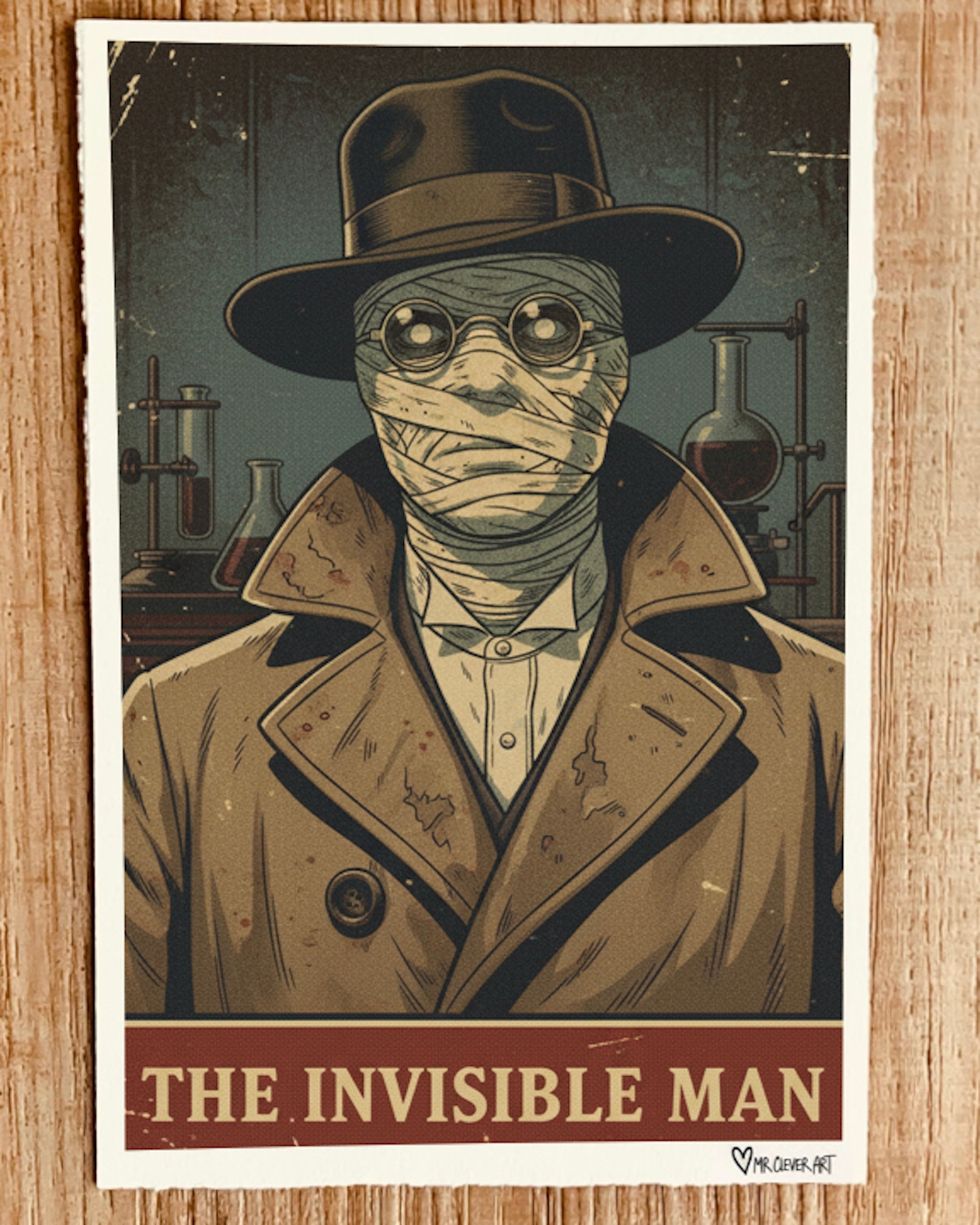 Poster of 'The Invisible Man' with a character in a trench coat and mask, set against a laboratory background.