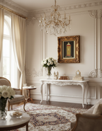 Framed artwork of a Louis Vuitton spray can on a wooden surface in French Luxury home. 