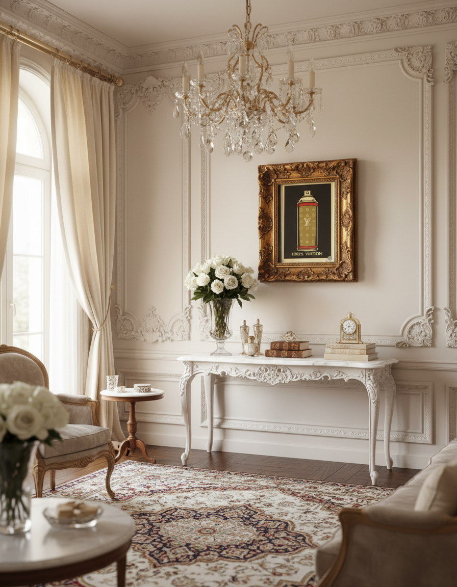 Framed artwork of a Louis Vuitton spray can on a wooden surface in French Luxury home. 