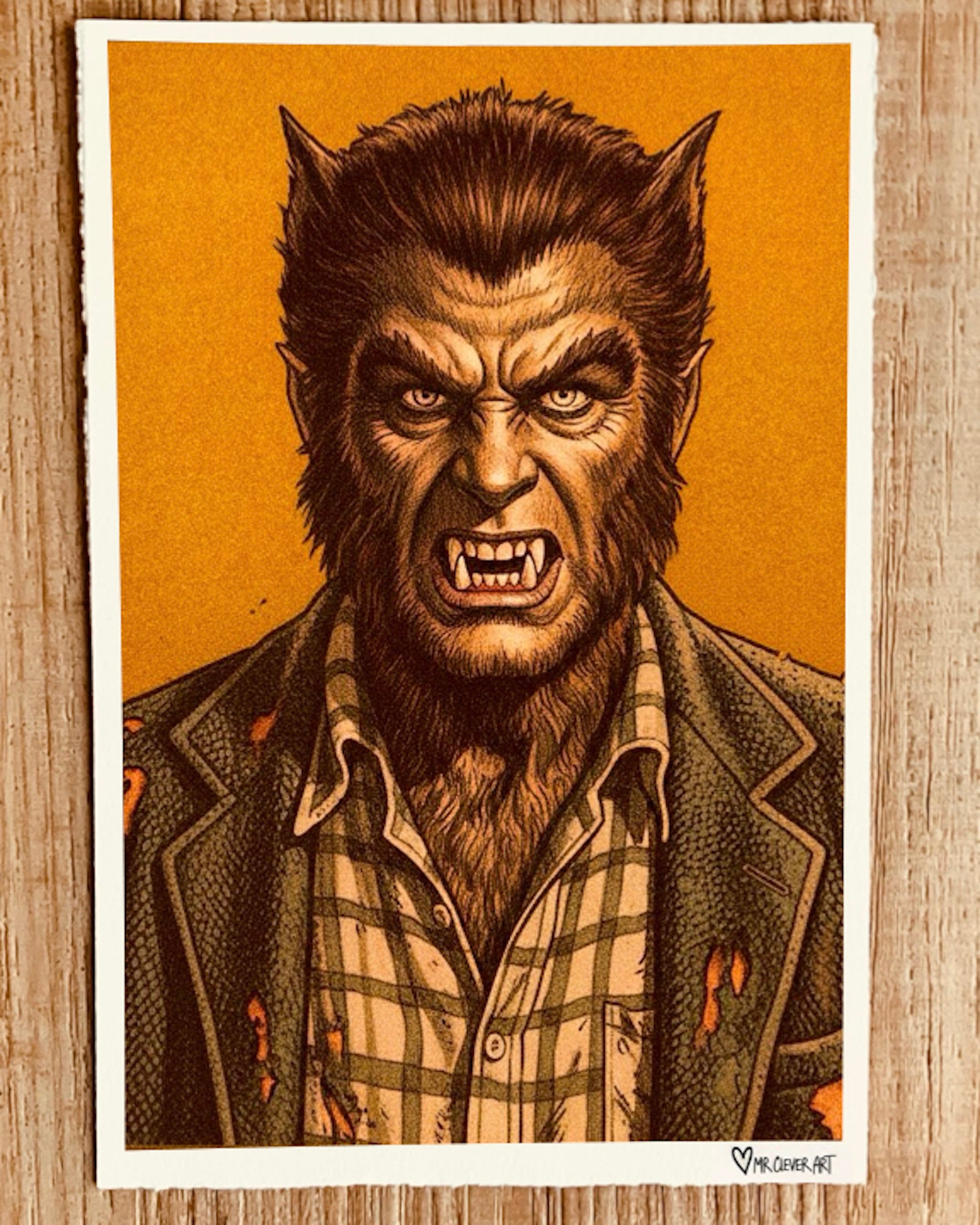 Illustration of a angry werewolf character on a brown background
