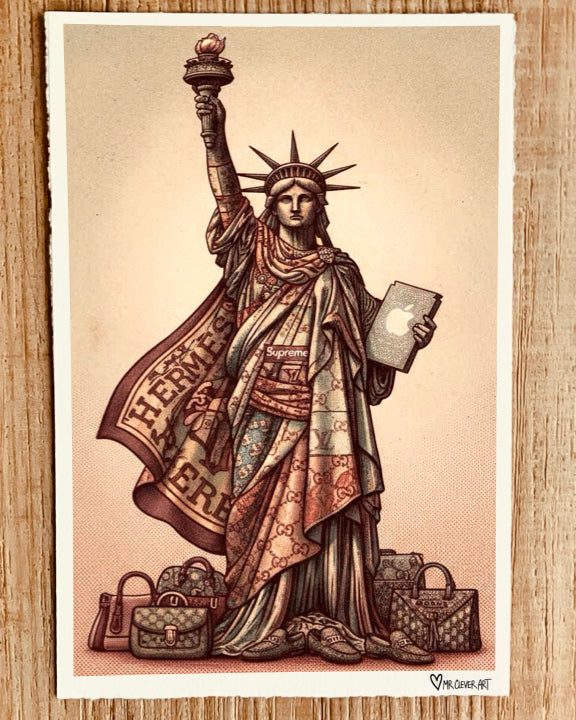 Illustration of the Statue of Liberty with luxury brand logos on a wooden background