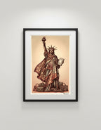 Illustration of the Statue of Liberty with luxury brand logos on a wooden background