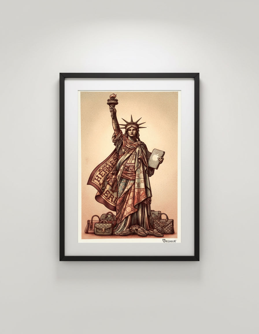 Illustration of the Statue of Liberty with luxury brand logos on a wooden background