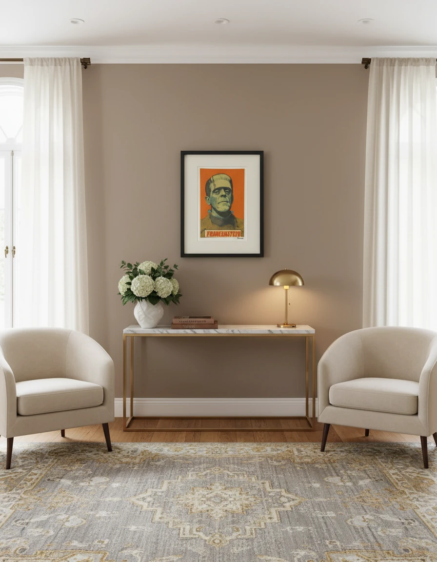 Framed poster of a character with 'Frankenstein' text on an orange background