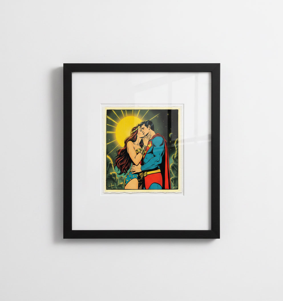 Superman and Wonder Woman embracing with a sun and space background