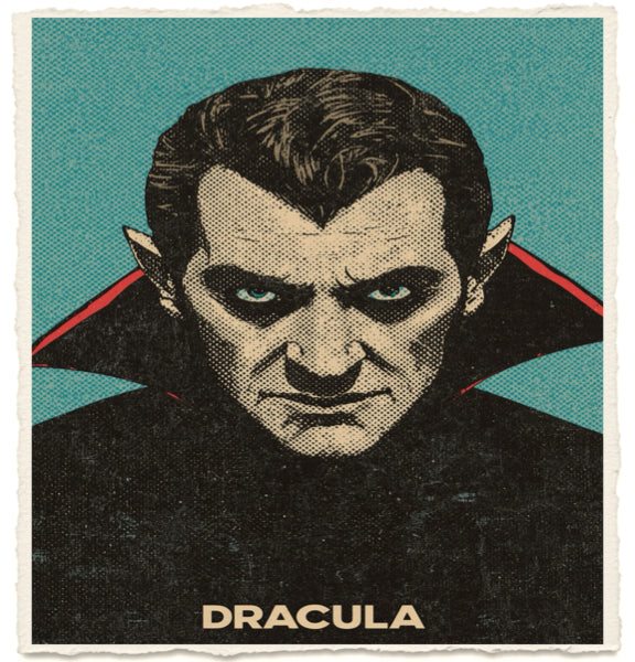 Illustration of a character with 'Dracula' text on a teal background