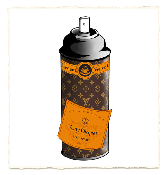 Veuve Clicquot champagne can with brown and orange design on a white background
