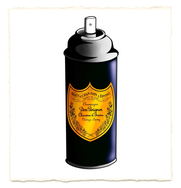 Spray can with Dom Perignon champagne label on a white background