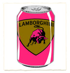 Pink can with Lamborghini logo on a white background