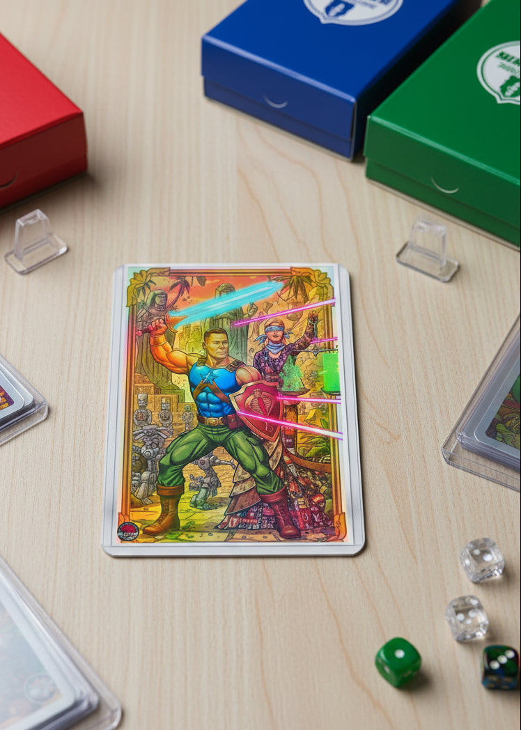 Colorful card featuring two characters with lightsabers on a decorative background. Lady Justice.